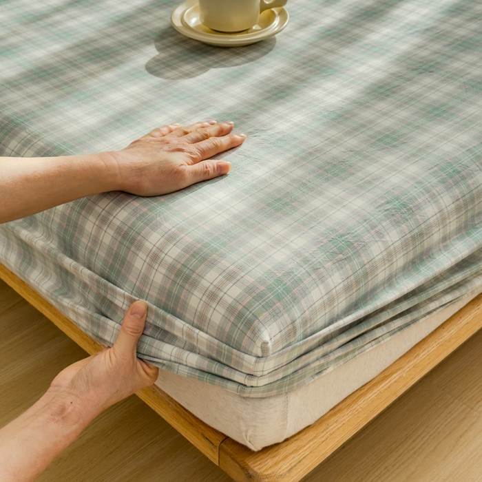 91家纺网 家纺一手货源 找家纺 2025新款简约款色织水洗棉单品床笠 可可绿