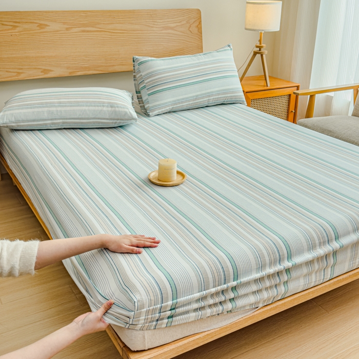 91家纺网 家纺一手货源 找家纺 2025新款简约款色织水洗棉单品床笠 沐妍绿