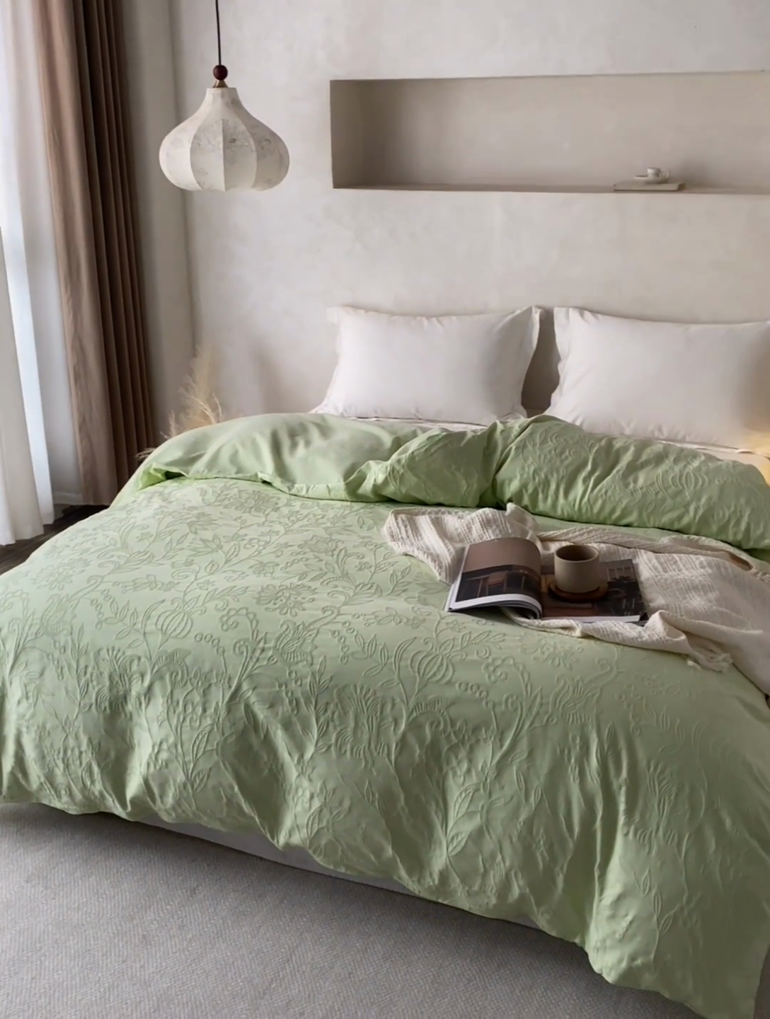 91家纺网 家纺一手货源 找家纺 2025春夏新品染色水洗大提花单品被套 染黛-嫩绿