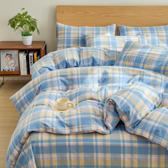 91家纺网 家纺一手货源 找家纺 2025新款简约款色织水洗棉单品被套 昭华蓝