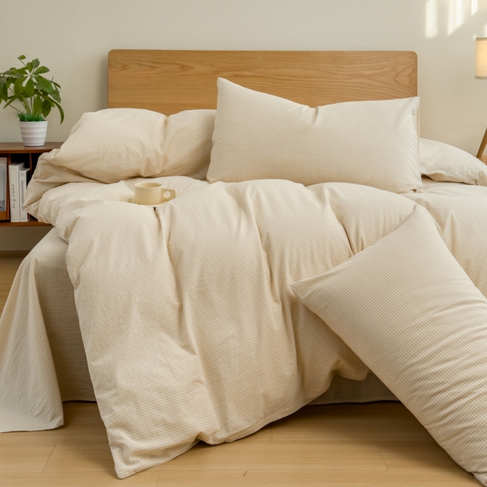 91家纺网 家纺一手货源 找家纺 2025新款简约款色织水洗棉四件套 糖果卡其