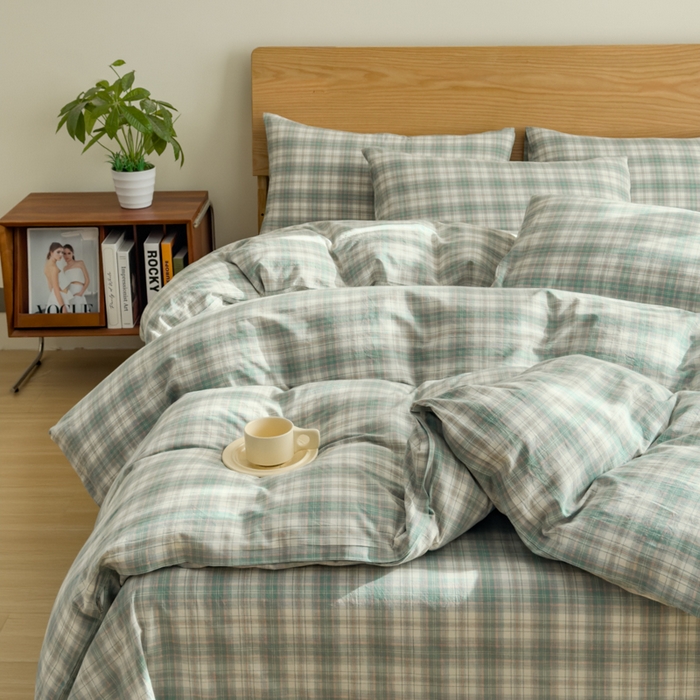 91家纺网 家纺一手货源 找家纺 2025新款简约款色织水洗棉单品被套 可可绿