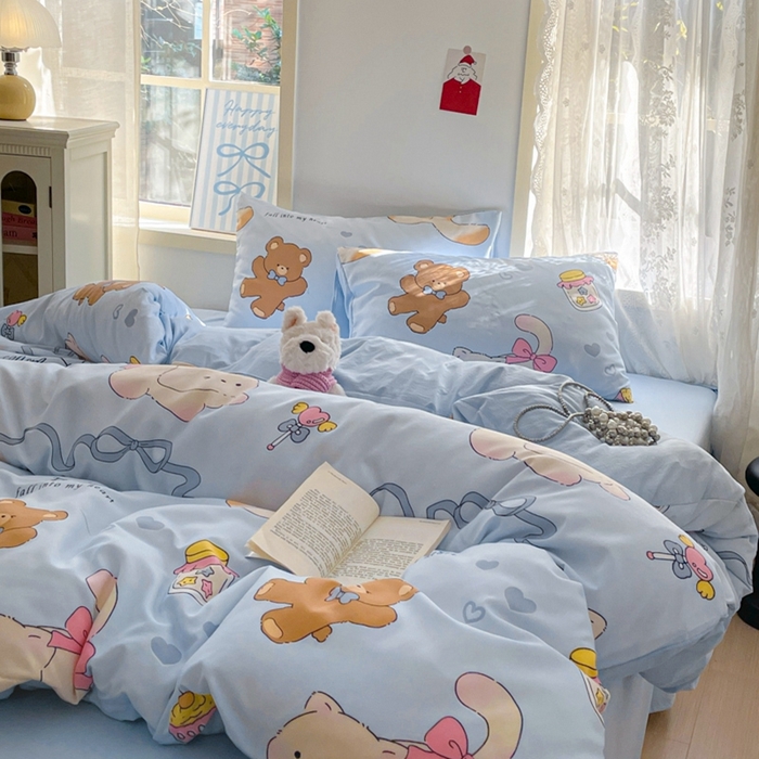 91家纺网 家纺一手货源 找家纺 雨帆家纺 2025新款水洗棉印花四件套 蓝精灵