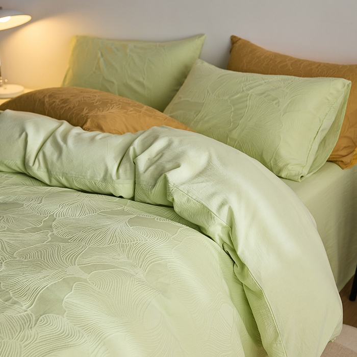 91家纺网 家纺一手货源 找家纺 2025春夏新品染色水洗大提花四件套 叶语-嫩绿