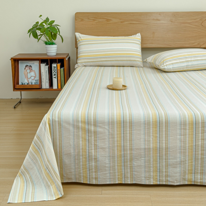 91家纺网 家纺一手货源 找家纺 2025新款简约款色织水洗棉单品床单 沐妍黄