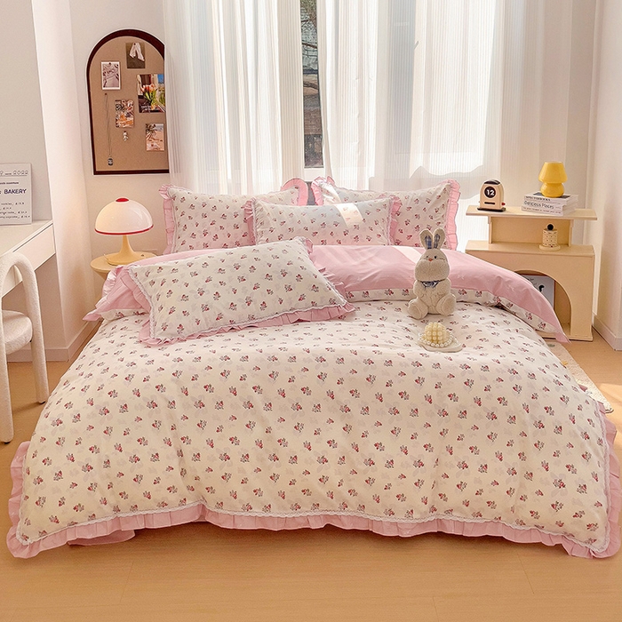 91家纺网 家纺一手货源 找家纺 棉生活家纺 2025新款全棉小清新花边款蕾丝四件套 夏日之约　粉