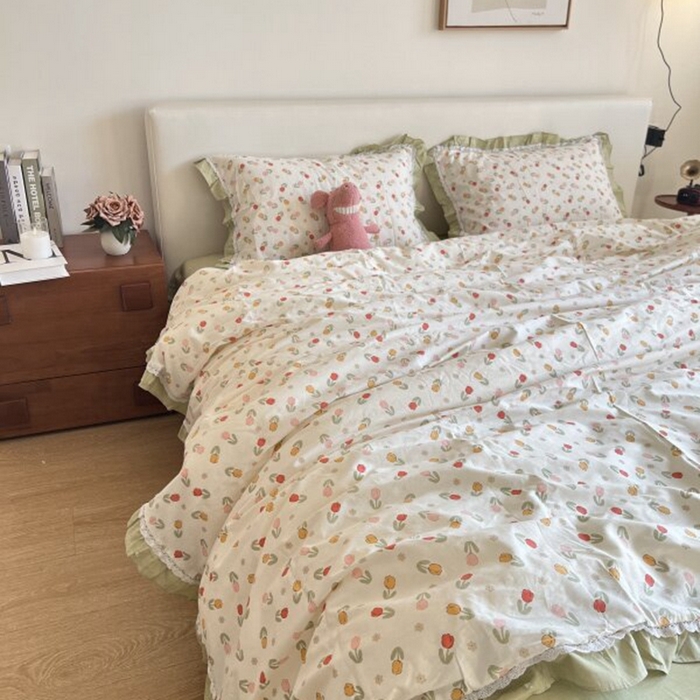 91家纺网 家纺一手货源 找家纺 棉生活家纺 2025新款全棉小清新花边款蕾丝四件套 郁金香