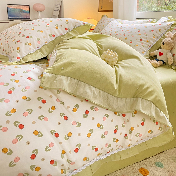 91家纺网 家纺一手货源 找家纺 棉生活家纺 2025新款全棉小清新花边款蕾丝四件套 郁金香