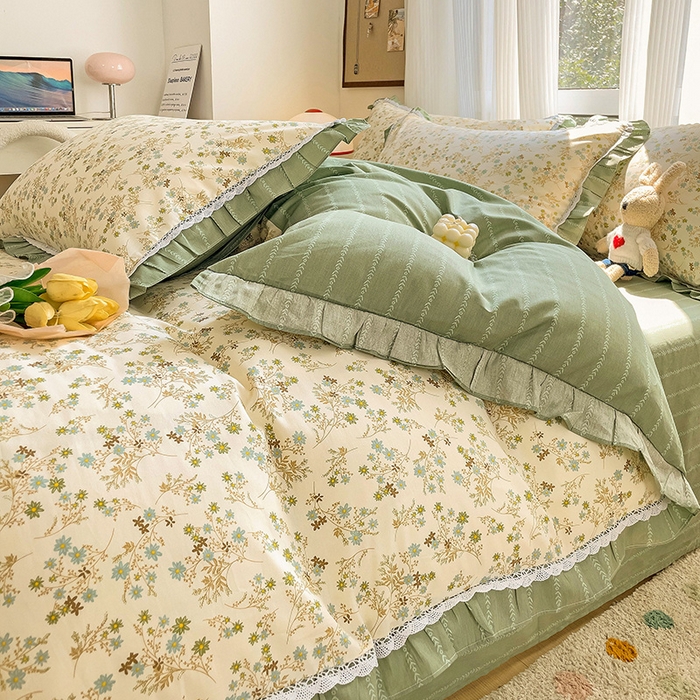 91家纺网 家纺一手货源 找家纺 棉生活家纺 2025新款全棉小清新花边款蕾丝四件套 游花间