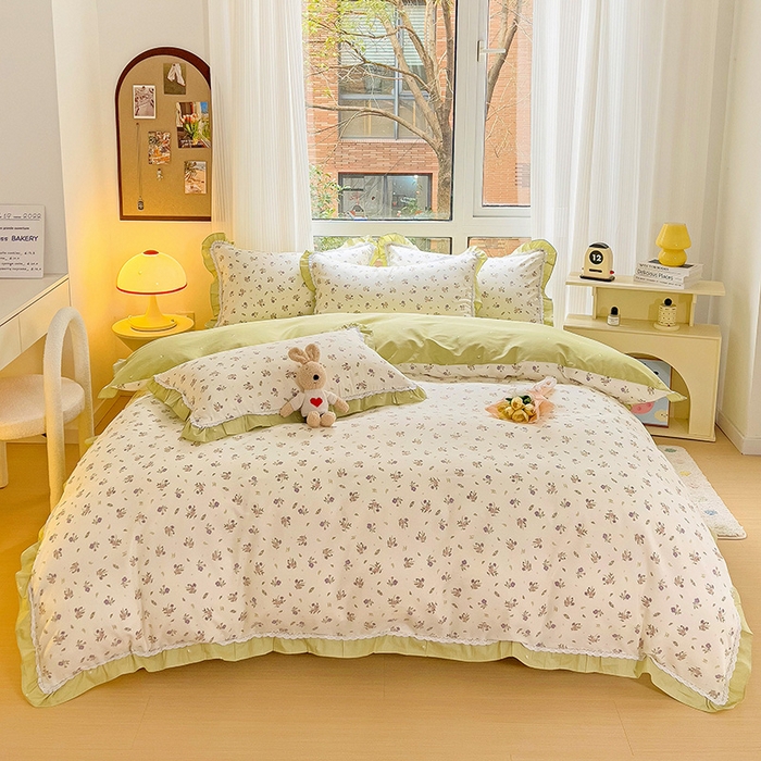 91家纺网 家纺一手货源 找家纺 棉生活家纺 2025新款全棉小清新花边款蕾丝四件套 熙悦