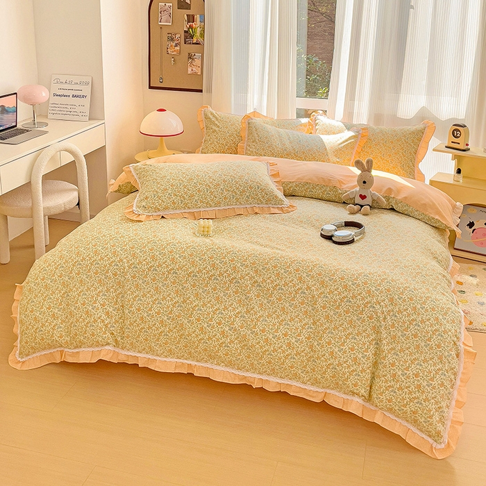 91家纺网 家纺一手货源 找家纺 棉生活家纺 2025新款全棉小清新花边款蕾丝四件套 花晓