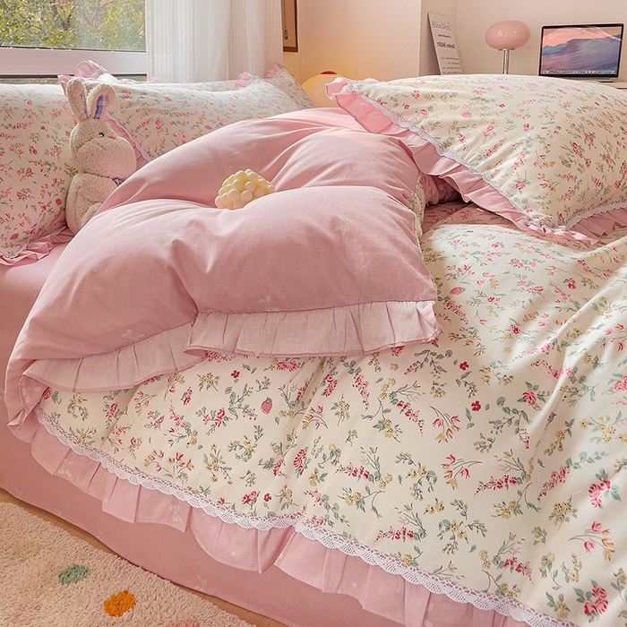 91家纺网 家纺一手货源 找家纺 棉生活家纺 2025新款全棉小清新花边款蕾丝四件套 百花园