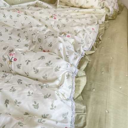 91家纺网 家纺一手货源 找家纺 棉生活家纺 2025新款全棉小清新花边款蕾丝四件套 果香