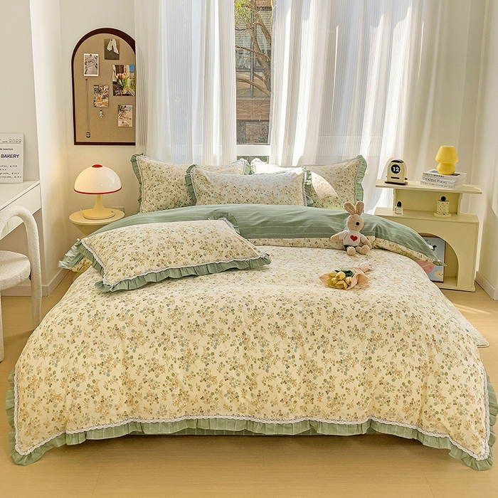 91家纺网 家纺一手货源 找家纺 棉生活家纺 2025新款全棉小清新花边款蕾丝四件套 游花间