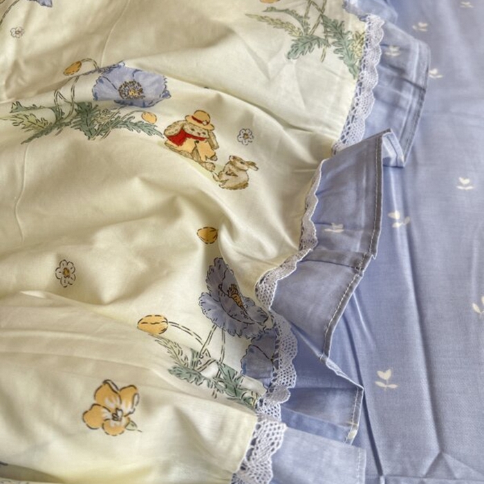 91家纺网 家纺一手货源 找家纺 棉生活家纺 2025新款全棉小清新花边款蕾丝四件套 丽丝兔