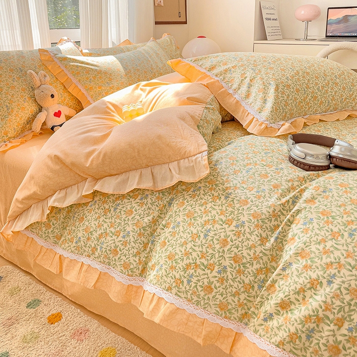 91家纺网 家纺一手货源 找家纺 棉生活家纺 2025新款全棉小清新花边款蕾丝四件套 花晓