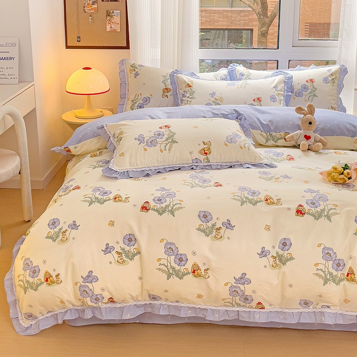 91家纺网 家纺一手货源 找家纺 棉生活家纺 2025新款全棉小清新花边款蕾丝四件套 丽丝兔