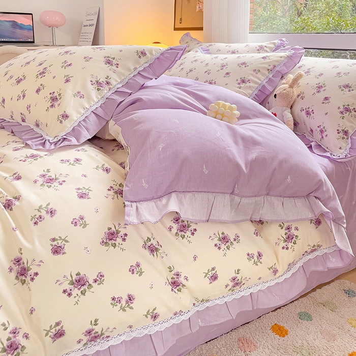 91家纺网 家纺一手货源 找家纺 棉生活家纺 2025新款全棉小清新花边款蕾丝四件套 洛潇