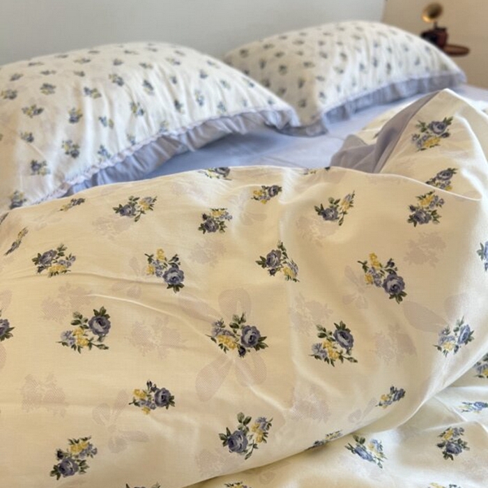 91家纺网 家纺一手货源 找家纺 棉生活家纺 2025新款全棉小清新花边款蕾丝四件套 夏日之约　蓝