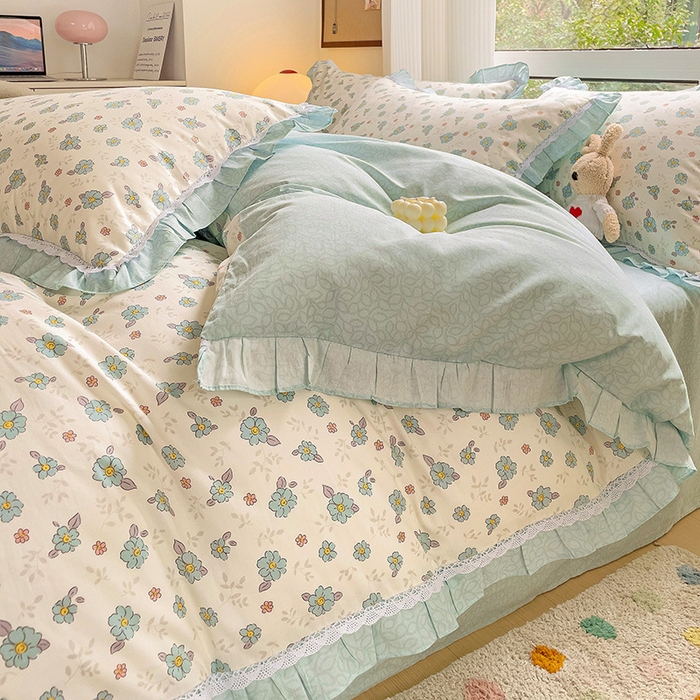 91家纺网 家纺一手货源 找家纺 棉生活家纺 2025新款全棉小清新花边款蕾丝四件套 漫然