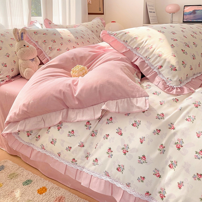 91家纺网 家纺一手货源 找家纺 棉生活家纺 2025新款全棉小清新花边款蕾丝四件套 夏日之约　粉