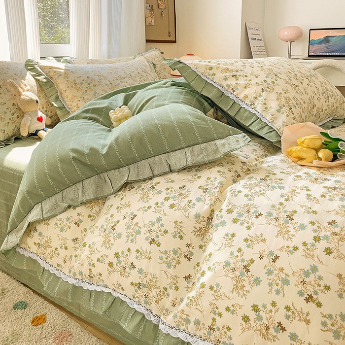 91家纺网 家纺一手货源 找家纺 棉生活家纺 2025新款全棉小清新花边款蕾丝四件套 游花间