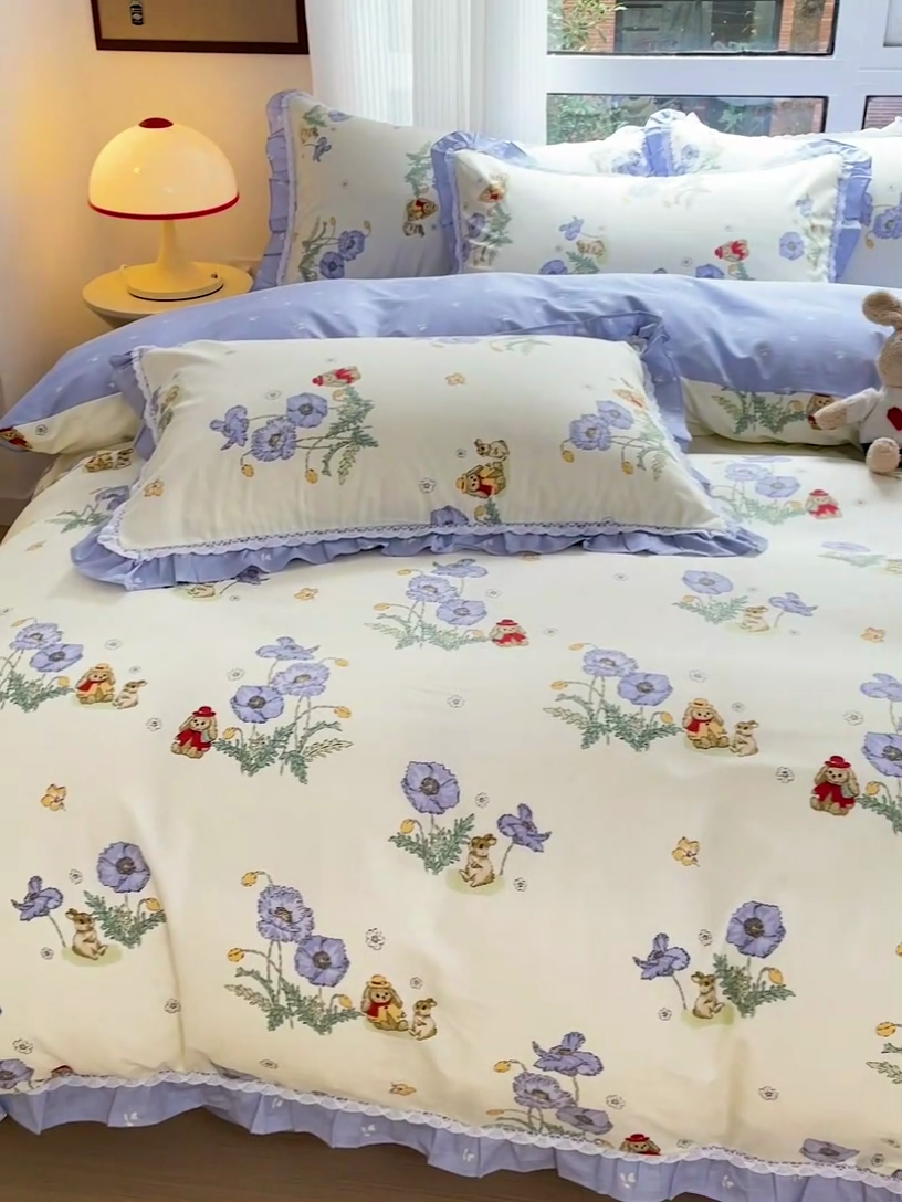 91家纺网 家纺一手货源 找家纺 棉生活家纺 2025新款全棉小清新花边款蕾丝四件套 丽丝兔