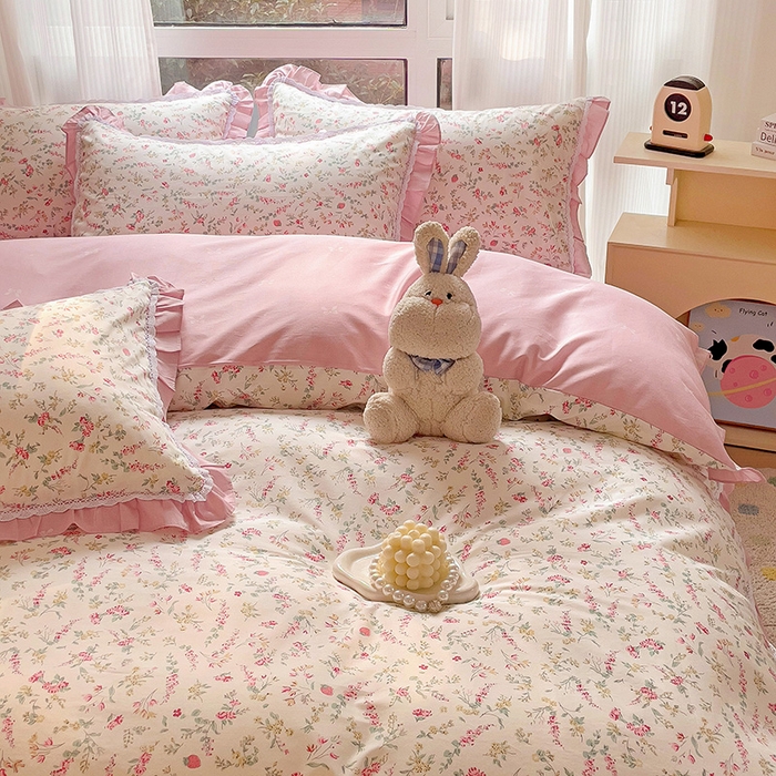 91家纺网 家纺一手货源 找家纺 棉生活家纺 2025新款全棉小清新花边款蕾丝四件套 百花园