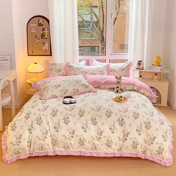 91家纺网 家纺一手货源 找家纺 棉生活家纺 2025新款全棉小清新花边款蕾丝四件套 晓芙庄园