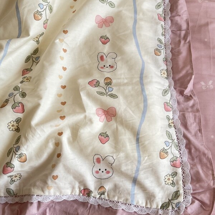 91家纺网 家纺一手货源 找家纺 棉生活家纺 2025新款全棉小清新花边款蕾丝四件套 花野兔