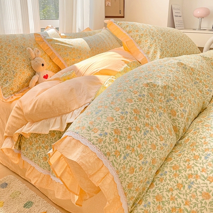 91家纺网 家纺一手货源 找家纺 棉生活家纺 2025新款全棉小清新花边款蕾丝四件套 花晓