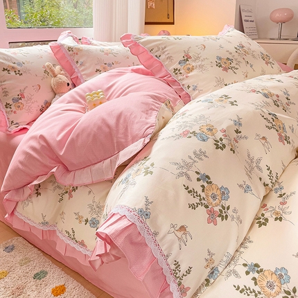 91家纺网 家纺一手货源 找家纺 棉生活家纺 2025新款全棉小清新花边款蕾丝四件套 晓芙庄园