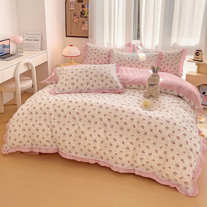 91家纺网 家纺一手货源 找家纺 棉生活家纺 2025新款全棉小清新花边款蕾丝四件套 夏日之约　粉