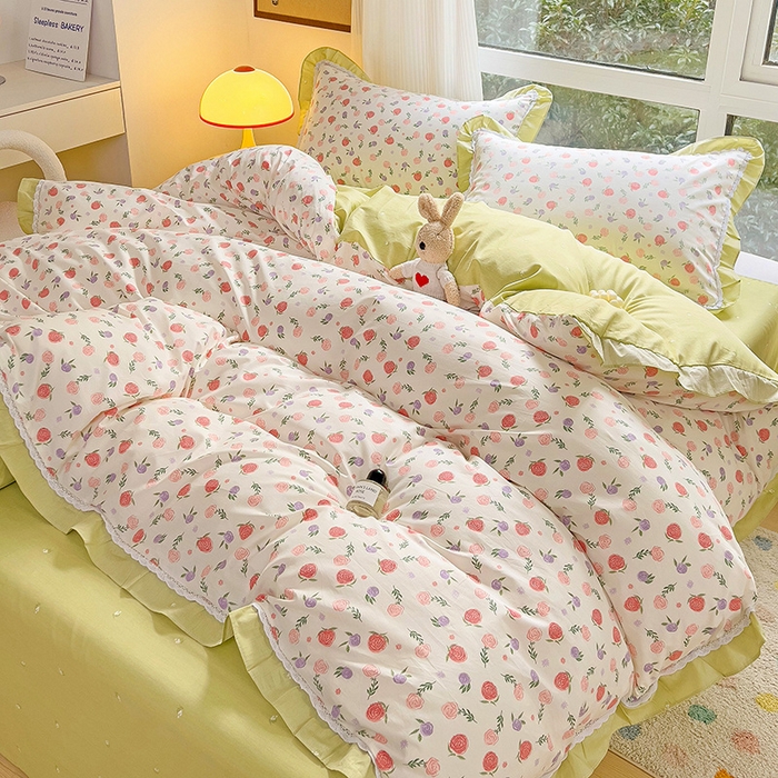 91家纺网 家纺一手货源 找家纺 棉生活家纺 2025新款全棉小清新花边款蕾丝四件套 一见倾心