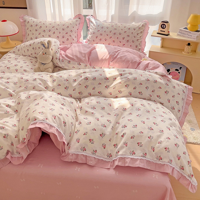 91家纺网 家纺一手货源 找家纺 棉生活家纺 2025新款全棉小清新花边款蕾丝四件套 夏日之约　粉