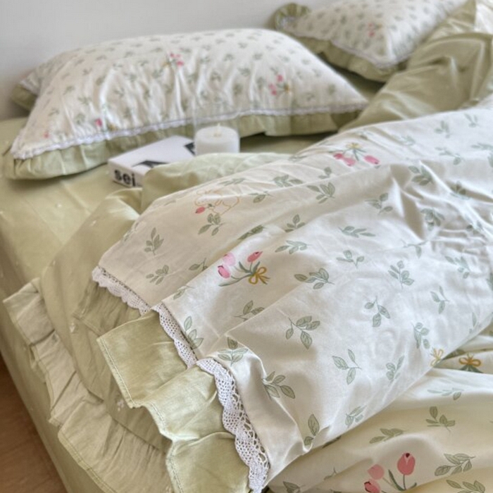 91家纺网 家纺一手货源 找家纺 棉生活家纺 2025新款全棉小清新花边款蕾丝四件套 果香