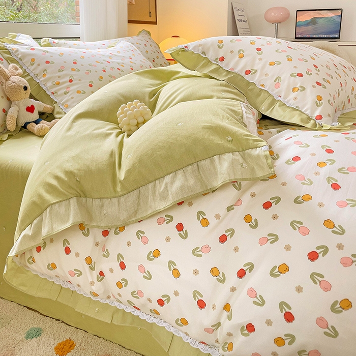 91家纺网 家纺一手货源 找家纺 棉生活家纺 2025新款全棉小清新花边款蕾丝四件套 郁金香