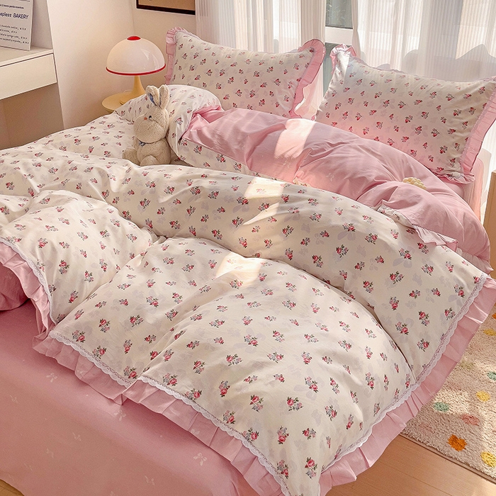 91家纺网 家纺一手货源 找家纺 棉生活家纺 2025新款全棉小清新花边款蕾丝四件套 夏日之约　粉