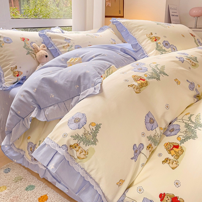 91家纺网 家纺一手货源 找家纺 棉生活家纺 2025新款全棉小清新花边款蕾丝四件套 丽丝兔