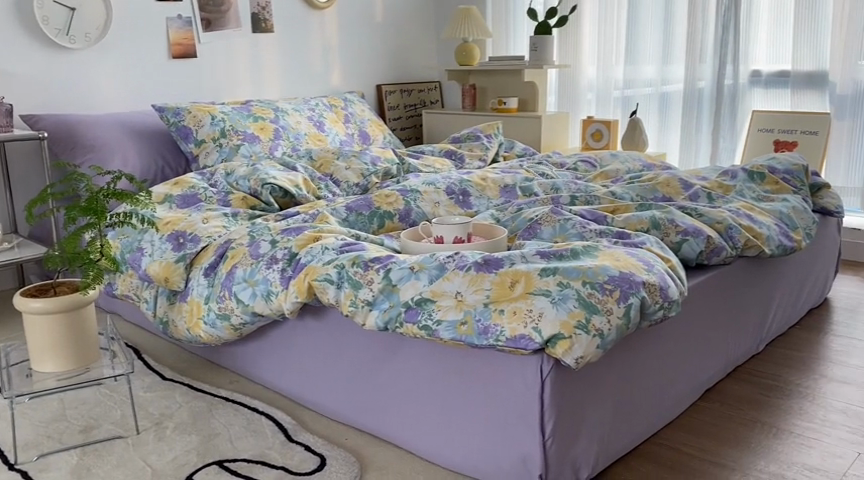 91家纺网 家纺一手货源 找家纺 尺素 2025新款ins风博主系列全棉四件套 春日幸事-浅紫