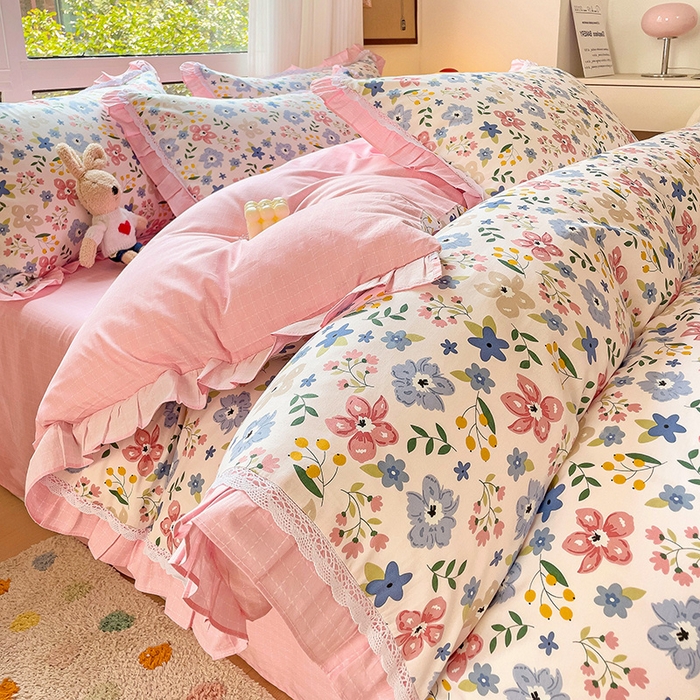 91家纺网 家纺一手货源 找家纺 棉生活家纺 2025新款全棉小清新花边款蕾丝四件套 春日田田