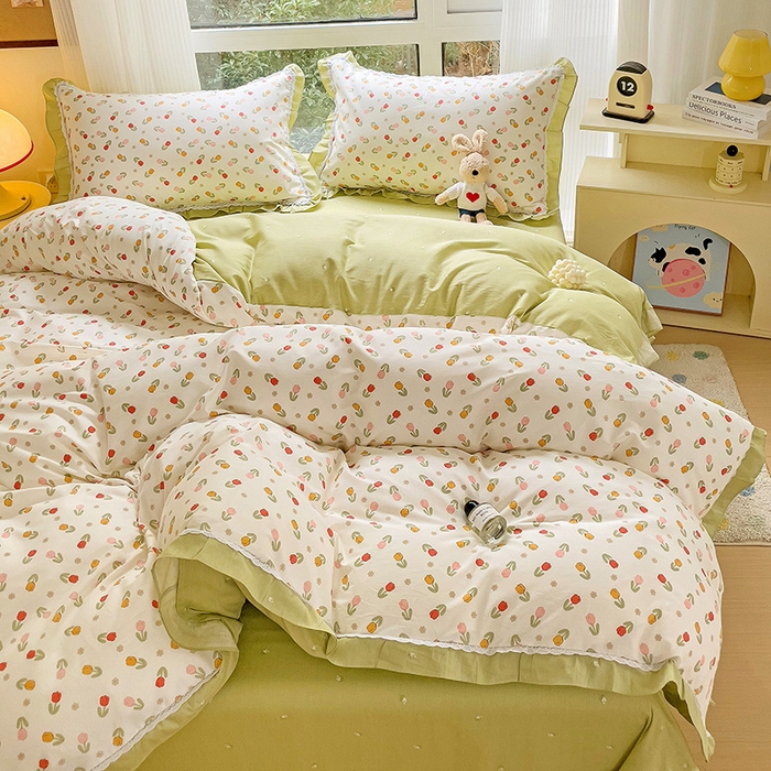 91家纺网 家纺一手货源 找家纺 棉生活家纺 2025新款全棉小清新花边款蕾丝四件套 郁金香