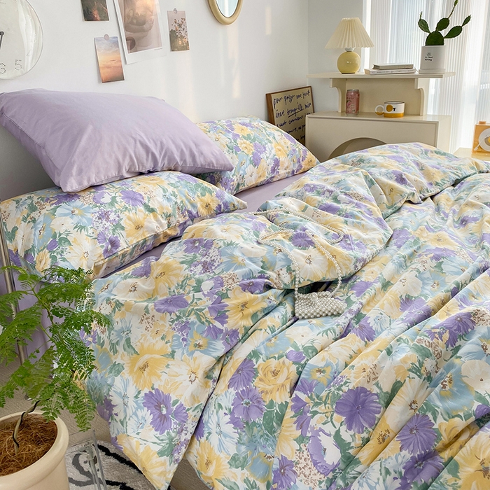 91家纺网 家纺一手货源 找家纺 尺素 2025新款ins风博主系列全棉四件套 春日幸事-浅紫