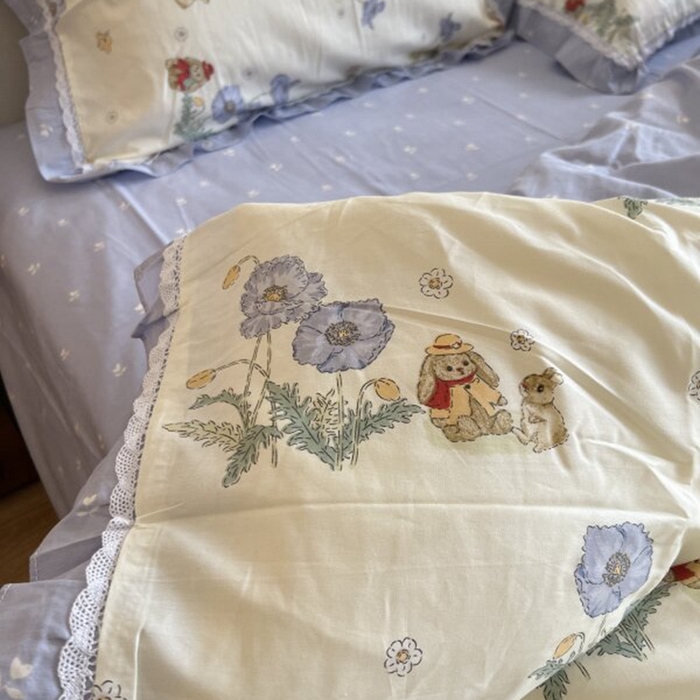 91家纺网 家纺一手货源 找家纺 棉生活家纺 2025新款全棉小清新花边款蕾丝四件套 丽丝兔