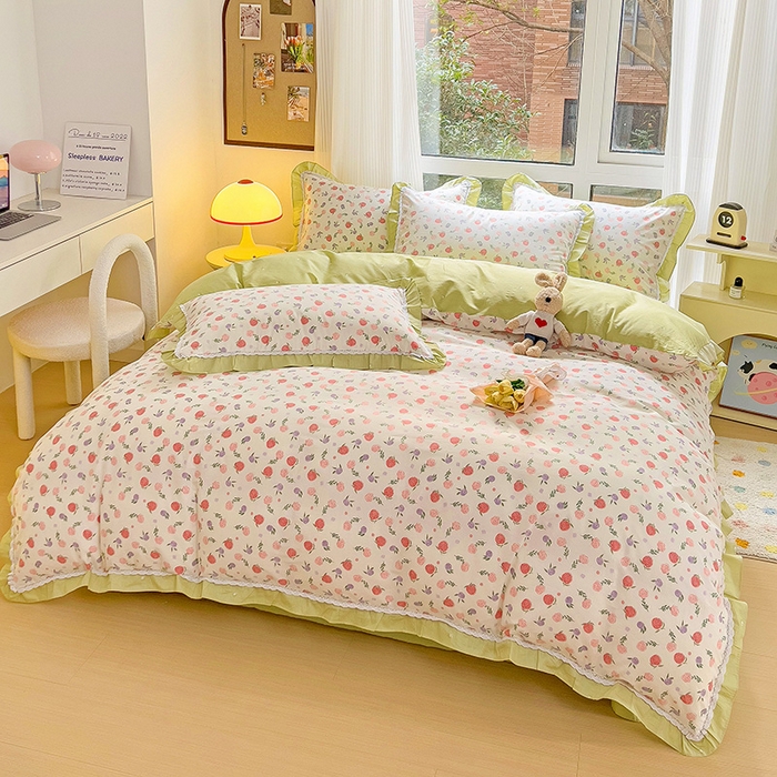 91家纺网 家纺一手货源 找家纺 棉生活家纺 2025新款全棉小清新花边款蕾丝四件套 一见倾心