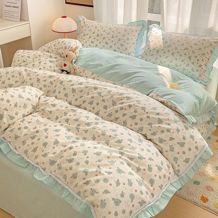 91家纺网 家纺一手货源 找家纺 棉生活家纺 2025新款全棉小清新花边款蕾丝四件套 漫然