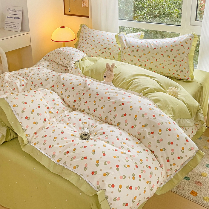 91家纺网 家纺一手货源 找家纺 棉生活家纺 2025新款全棉小清新花边款蕾丝四件套 郁金香