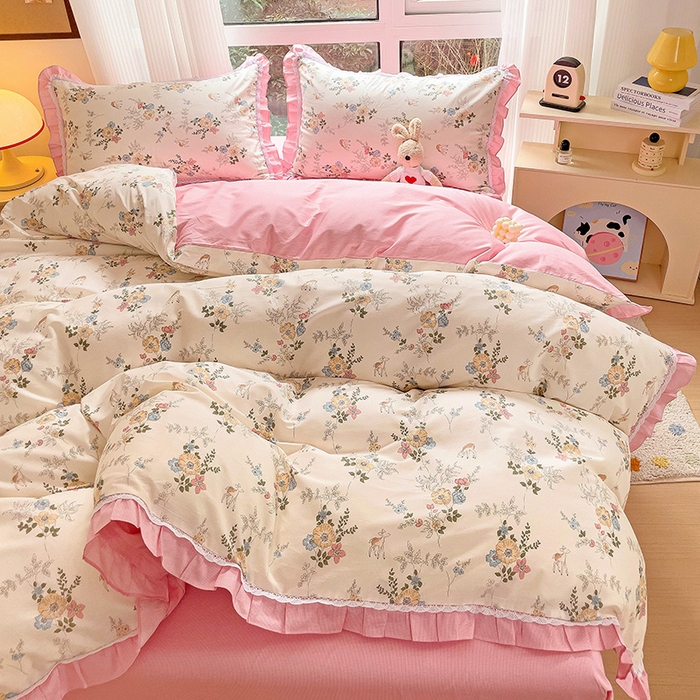 91家纺网 家纺一手货源 找家纺 棉生活家纺 2025新款全棉小清新花边款蕾丝四件套 晓芙庄园