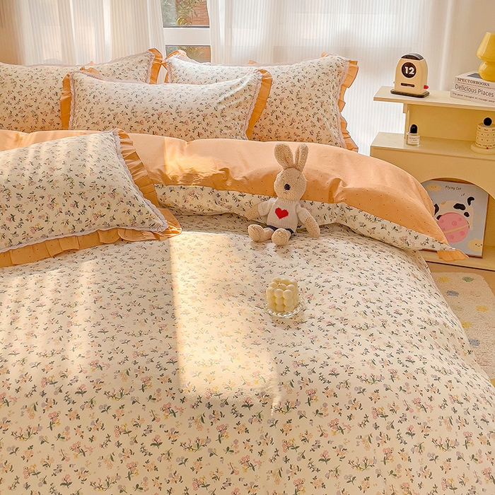 91家纺网 家纺一手货源 找家纺 棉生活家纺 2025新款全棉小清新花边款蕾丝四件套 田园生活