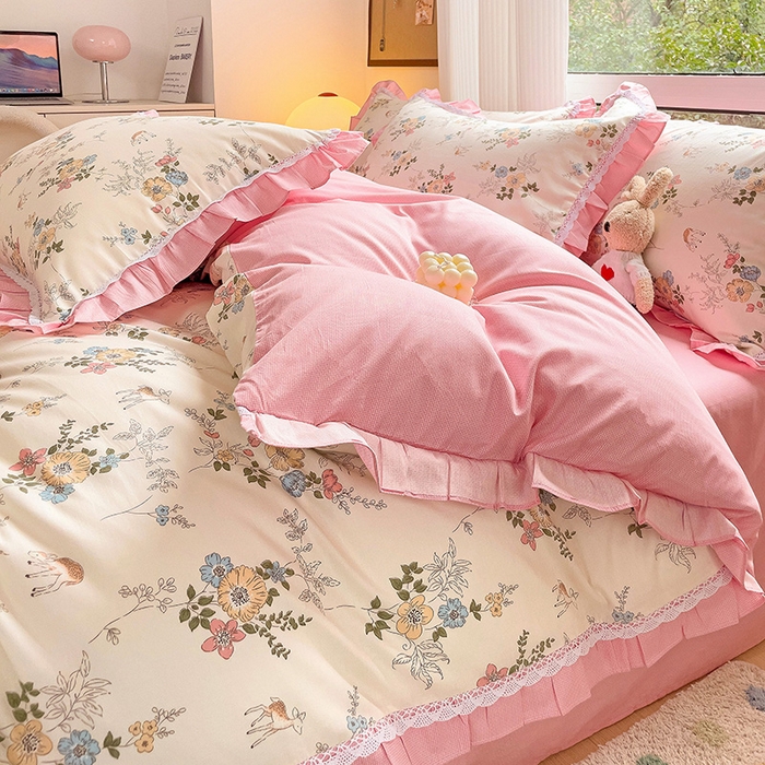 91家纺网 家纺一手货源 找家纺 棉生活家纺 2025新款全棉小清新花边款蕾丝四件套 晓芙庄园